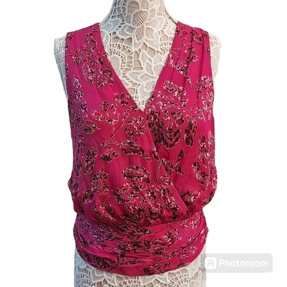 White House Black Market Tops - WHITE HOUSE BLACK MARKET Fuschia Sleeveless Faux Wrap Silk Floral Pullover Top S